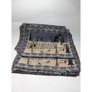 Vtg Christmas Snowmen Cloth Placemats 4pcs Snowman Snowy Night Scene Birdhouse